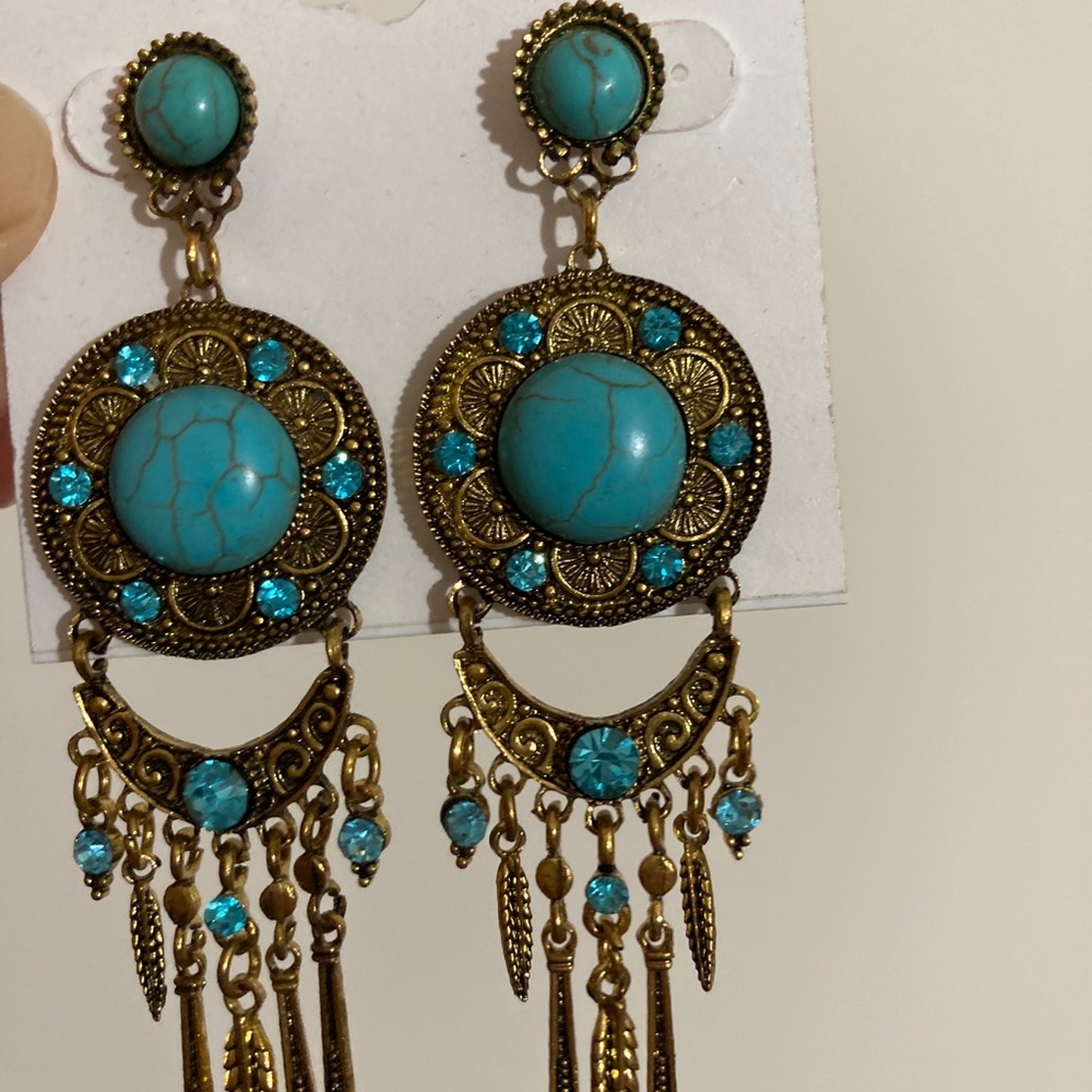 It’s turquoise and dull gold earrings